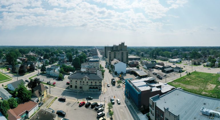 Aerial panorama scene of St Thomas, Ontario, Canada downtown